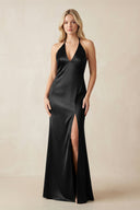 V - Neck Sheath Satin Bridesmaid Dress with Bow in Black - KISS BRIDAL Bridesmaid Dresses