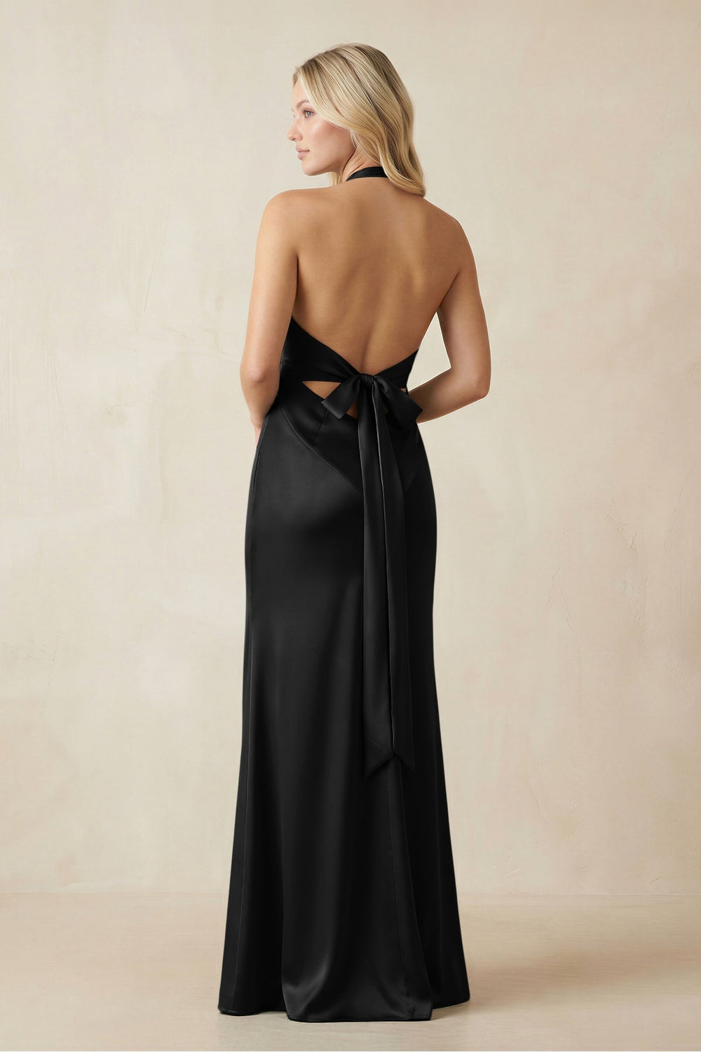 V - Neck Sheath Satin Bridesmaid Dress with Bow in Black - KISS BRIDAL Bridesmaid Dresses