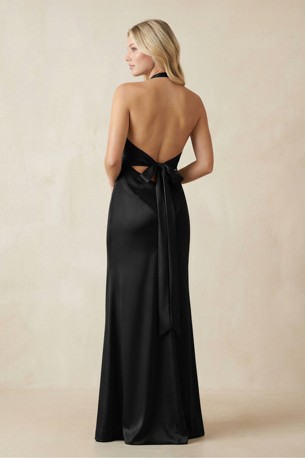 V - Neck Sheath Satin Bridesmaid Dress with Bow in Black - KISS BRIDAL Bridesmaid Dresses