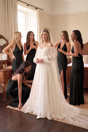 V - Neck Sheath Satin Bridesmaid Dress with Bow in Black - KISS BRIDAL Bridesmaid Dresses