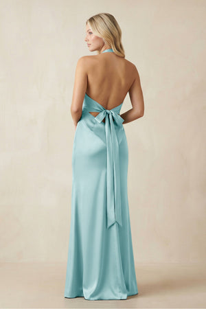 V - Neck Sheath Satin Bridesmaid Dress with Bow in Bleached Aqua - KISS BRIDAL Bridesmaid Dresses