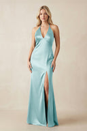 V - Neck Sheath Satin Bridesmaid Dress with Bow in Bleached Aqua - KISS BRIDAL Bridesmaid Dresses
