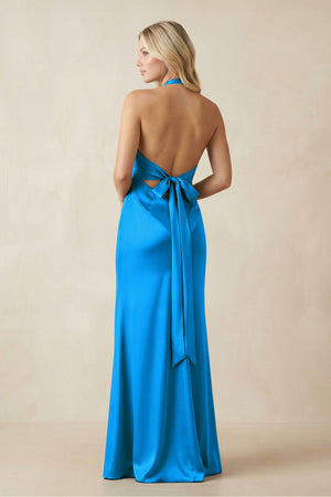 V - Neck Sheath Satin Bridesmaid Dress with Bow in Blue Jay - KISS BRIDAL Bridesmaid Dresses