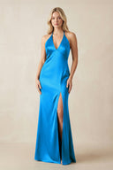 V - Neck Sheath Satin Bridesmaid Dress with Bow in Blue Jay - KISS BRIDAL Bridesmaid Dresses
