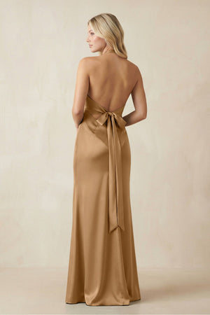 V - Neck Sheath Satin Bridesmaid Dress with Bow in Bronzer - KISS BRIDAL Bridesmaid Dresses