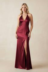 V - Neck Sheath Satin Bridesmaid Dress with Bow in Burgundy - KISS BRIDAL Bridesmaid Dresses