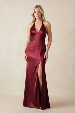 V - Neck Sheath Satin Bridesmaid Dress with Bow in Burgundy - KISS BRIDAL Bridesmaid Dresses