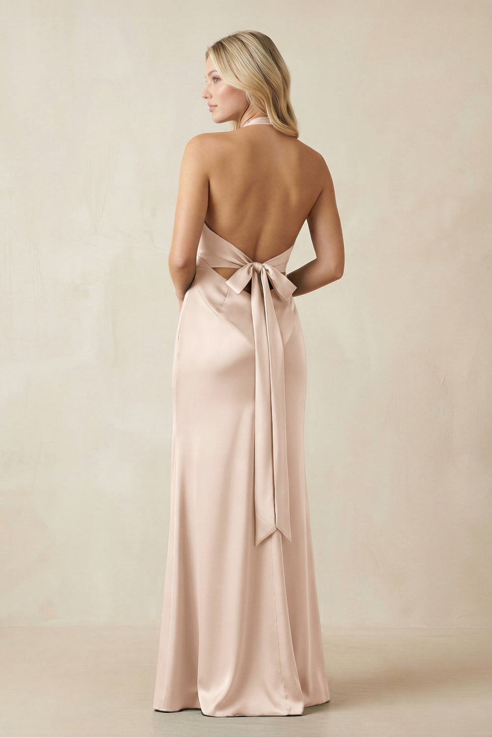 V - Neck Sheath Satin Bridesmaid Dress with Bow in Buttercream - KISS BRIDAL Bridesmaid Dresses