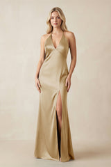 V - Neck Sheath Satin Bridesmaid Dress with Bow in Champagne - KISS BRIDAL Bridesmaid Dresses