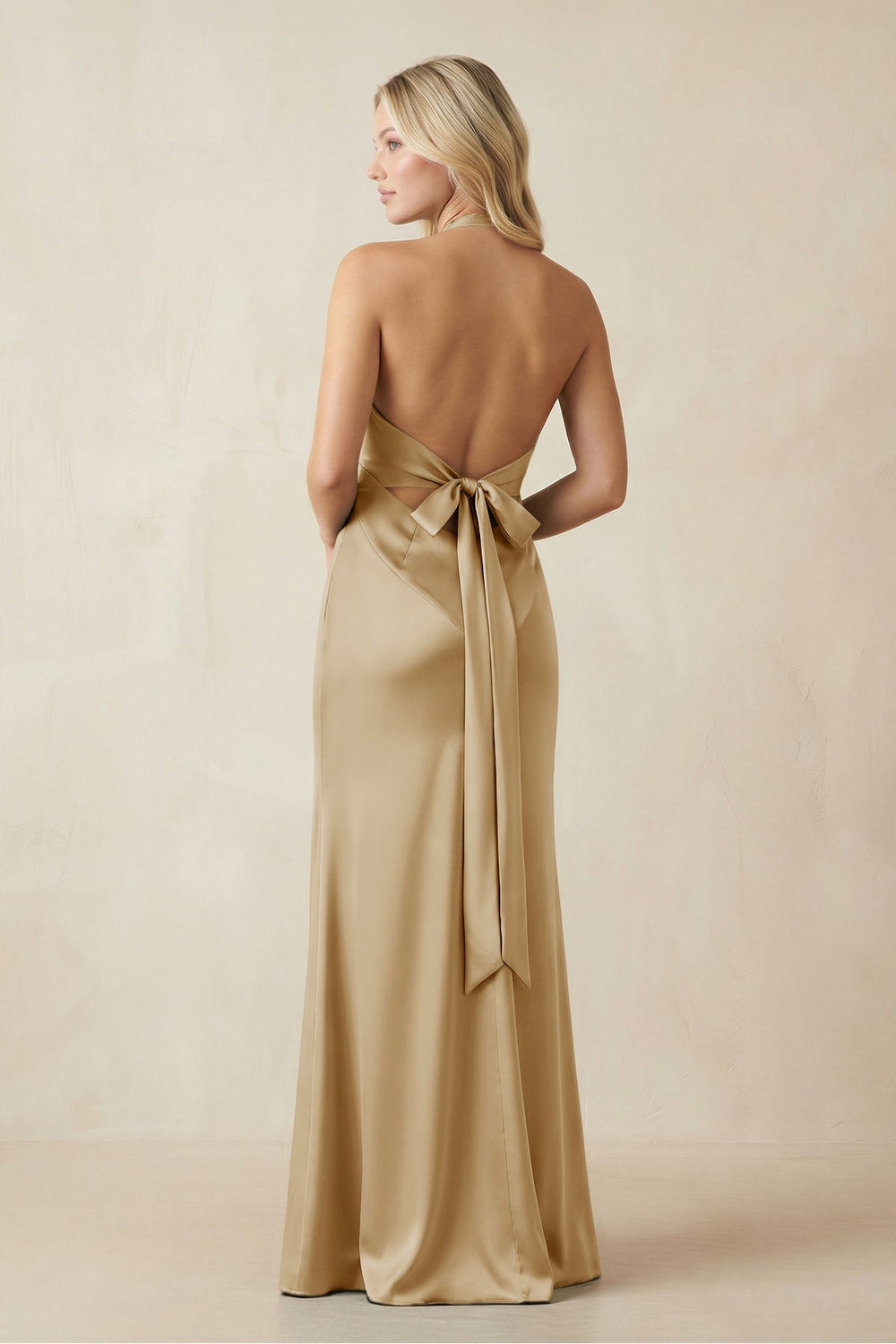 V - Neck Sheath Satin Bridesmaid Dress with Bow in Champagne - KISS BRIDAL Bridesmaid Dresses