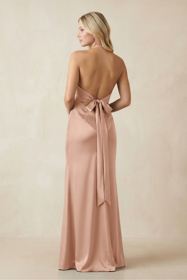 V - Neck Sheath Satin Bridesmaid Dress with Bow in Champagne Rose - KISS BRIDAL Bridesmaid Dresses