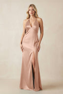 V - Neck Sheath Satin Bridesmaid Dress with Bow in Champagne Rose - KISS BRIDAL Bridesmaid Dresses