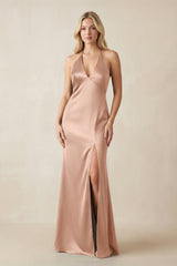 V - Neck Sheath Satin Bridesmaid Dress with Bow in Champagne Rose - KISS BRIDAL Bridesmaid Dresses