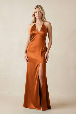 V - Neck Sheath Satin Bridesmaid Dress with Bow in Cinnamon - KISS BRIDAL Bridesmaid Dresses