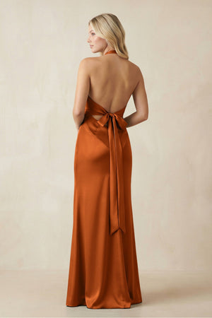 V - Neck Sheath Satin Bridesmaid Dress with Bow in Cinnamon - KISS BRIDAL Bridesmaid Dresses