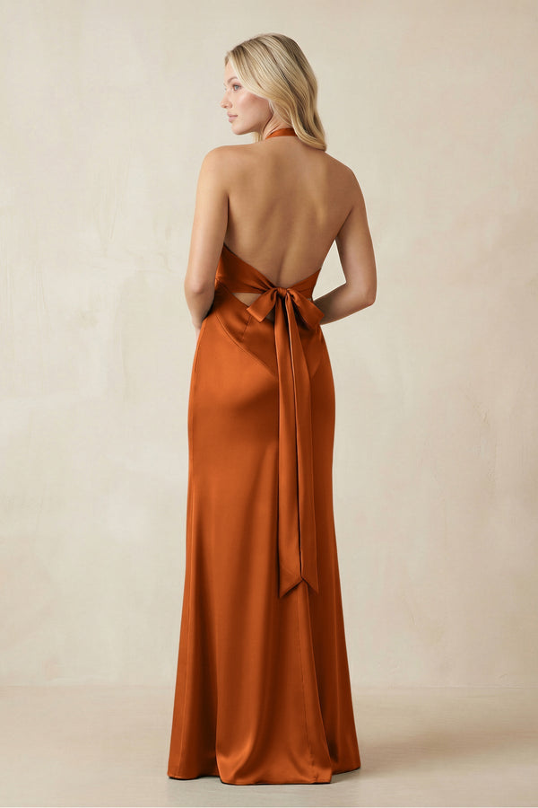 V - Neck Sheath Satin Bridesmaid Dress with Bow in Cinnamon - KISS BRIDAL Bridesmaid Dresses