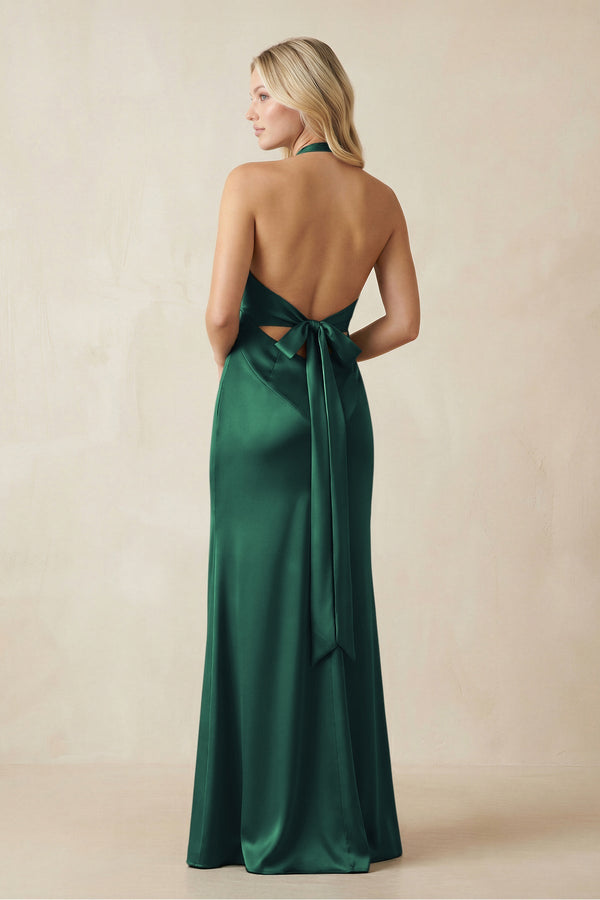V - Neck Sheath Satin Bridesmaid Dress with Bow in Dark Green - KISS BRIDAL Bridesmaid Dresses