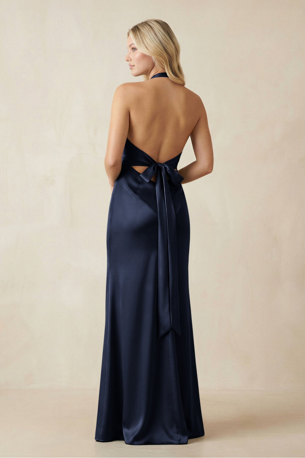 V - Neck Sheath Satin Bridesmaid Dress with Bow in Dark Navy - KISS BRIDAL Bridesmaid Dresses