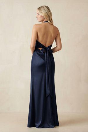 V - Neck Sheath Satin Bridesmaid Dress with Bow in Dark Navy - KISS BRIDAL Bridesmaid Dresses