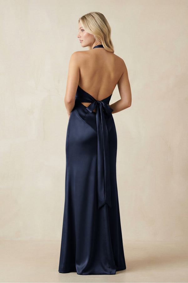 V - Neck Sheath Satin Bridesmaid Dress with Bow in Dark Navy - KISS BRIDAL Bridesmaid Dresses