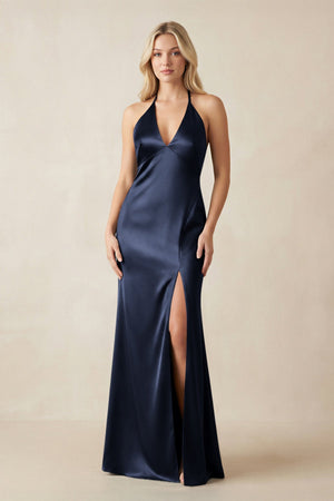 V - Neck Sheath Satin Bridesmaid Dress with Bow in Dark Navy - KISS BRIDAL Bridesmaid Dresses