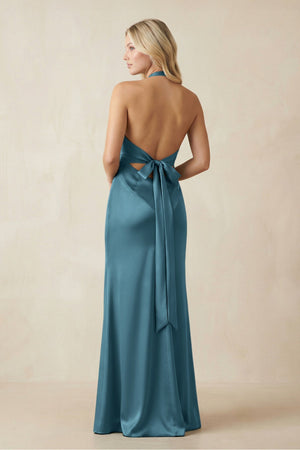 V - Neck Sheath Satin Bridesmaid Dress with Bow in Dark Teal - KISS BRIDAL Bridesmaid Dresses