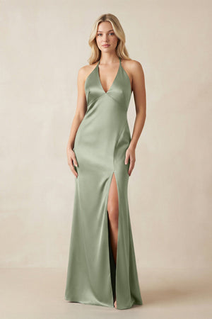 V - Neck Sheath Satin Bridesmaid Dress with Bow in Dove Gray - KISS BRIDAL Bridesmaid Dresses
