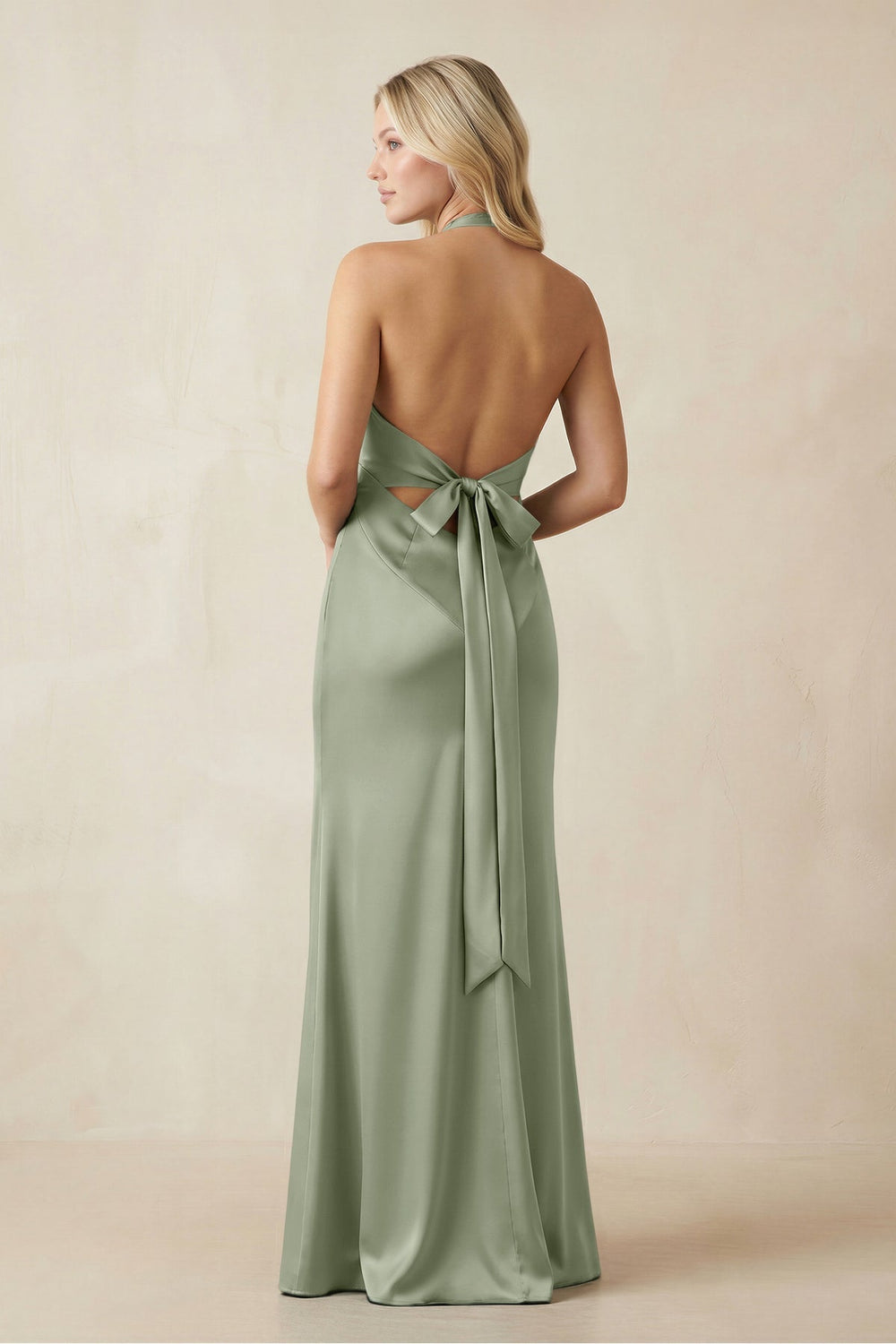 V - Neck Sheath Satin Bridesmaid Dress with Bow in Dove Gray - KISS BRIDAL Bridesmaid Dresses