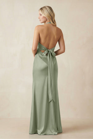 V - Neck Sheath Satin Bridesmaid Dress with Bow in Dove Gray - KISS BRIDAL Bridesmaid Dresses