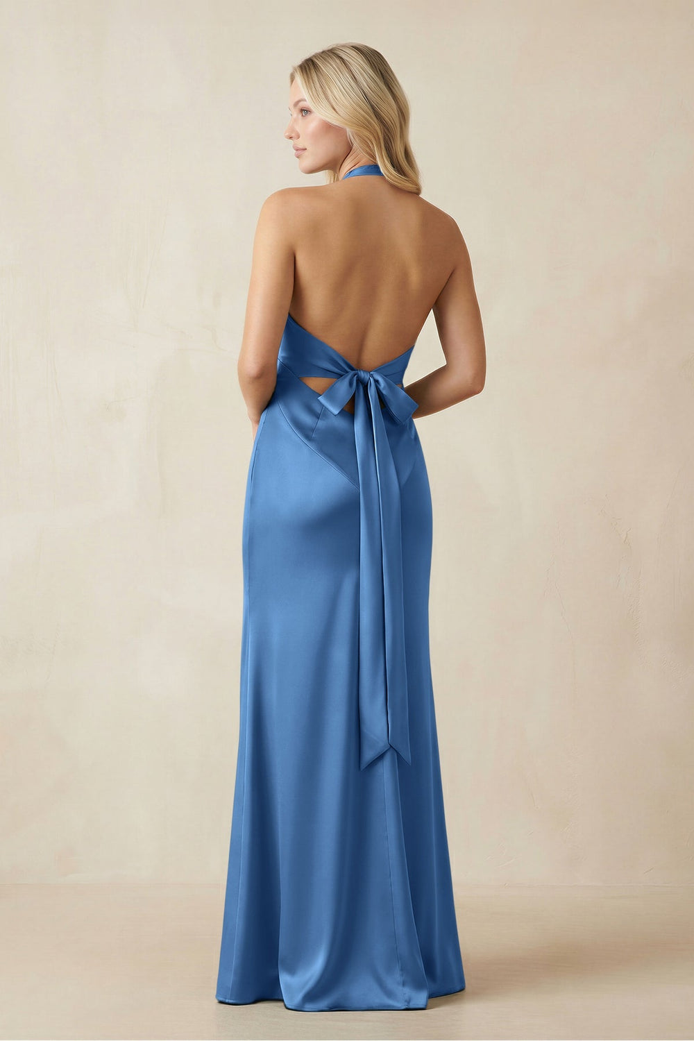 V - Neck Sheath Satin Bridesmaid Dress with Bow in Dusty Blue - KISS BRIDAL Bridesmaid Dresses