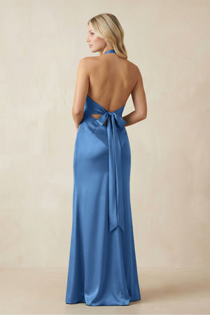 V - Neck Sheath Satin Bridesmaid Dress with Bow in Dusty Blue - KISS BRIDAL Bridesmaid Dresses
