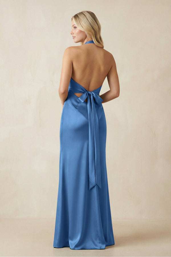 V - Neck Sheath Satin Bridesmaid Dress with Bow in Dusty Blue - KISS BRIDAL Bridesmaid Dresses