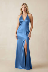 V - Neck Sheath Satin Bridesmaid Dress with Bow in Dusty Blue - KISS BRIDAL Bridesmaid Dresses