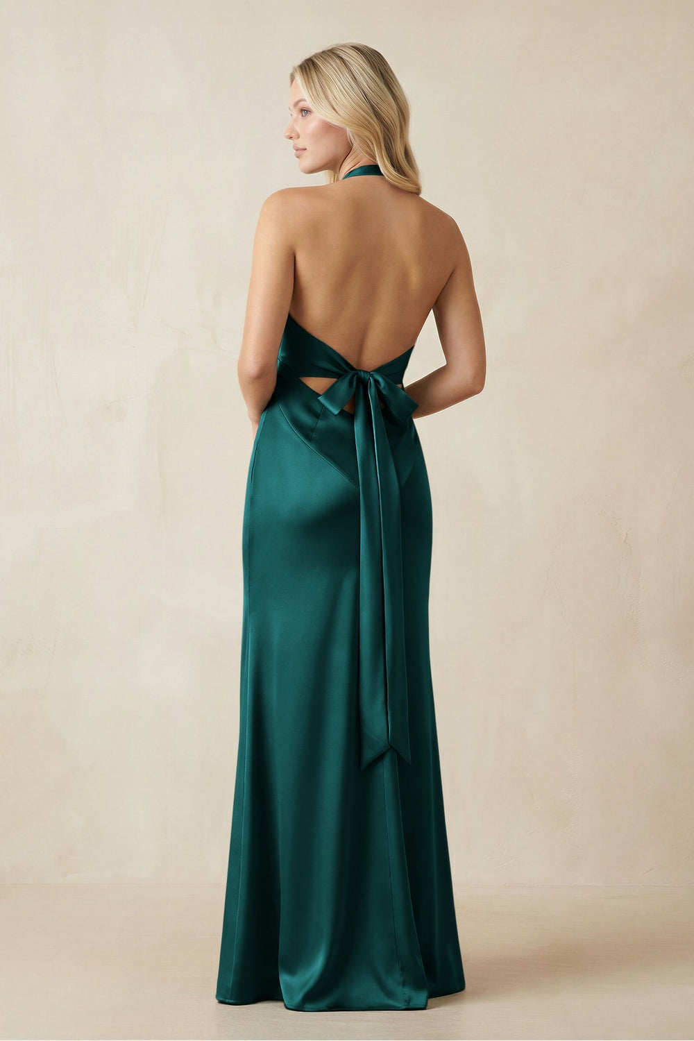 V - Neck Sheath Satin Bridesmaid Dress with Bow in Emerald - KISS BRIDAL Bridesmaid Dresses