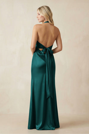 V - Neck Sheath Satin Bridesmaid Dress with Bow in Emerald - KISS BRIDAL Bridesmaid Dresses