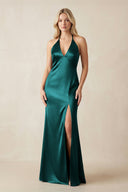 V - Neck Sheath Satin Bridesmaid Dress with Bow in Emerald - KISS BRIDAL Bridesmaid Dresses