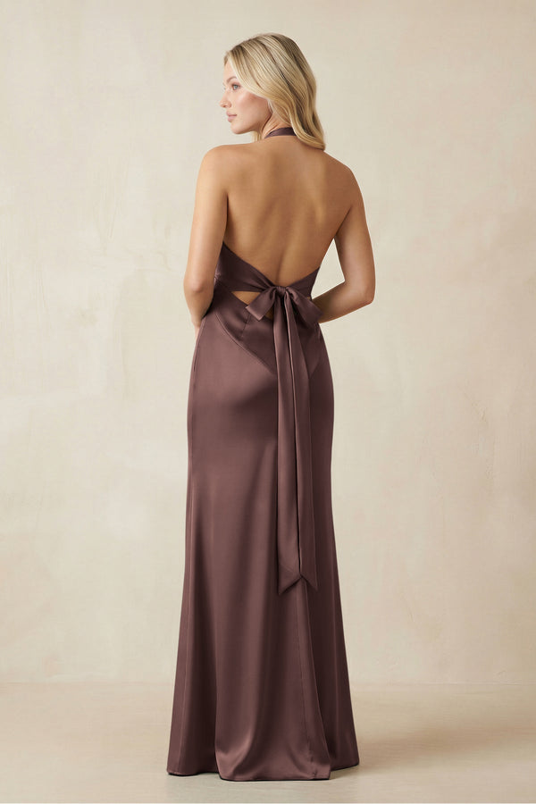 V - Neck Sheath Satin Bridesmaid Dress with Bow in Espresso - KISS BRIDAL Bridesmaid Dresses