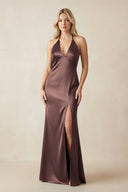 V - Neck Sheath Satin Bridesmaid Dress with Bow in Espresso - KISS BRIDAL Bridesmaid Dresses