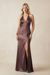 V - Neck Sheath Satin Bridesmaid Dress with Bow in Espresso - KISS BRIDAL Bridesmaid Dresses