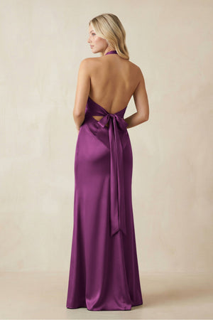 V - Neck Sheath Satin Bridesmaid Dress with Bow in Fig - KISS BRIDAL Bridesmaid Dresses