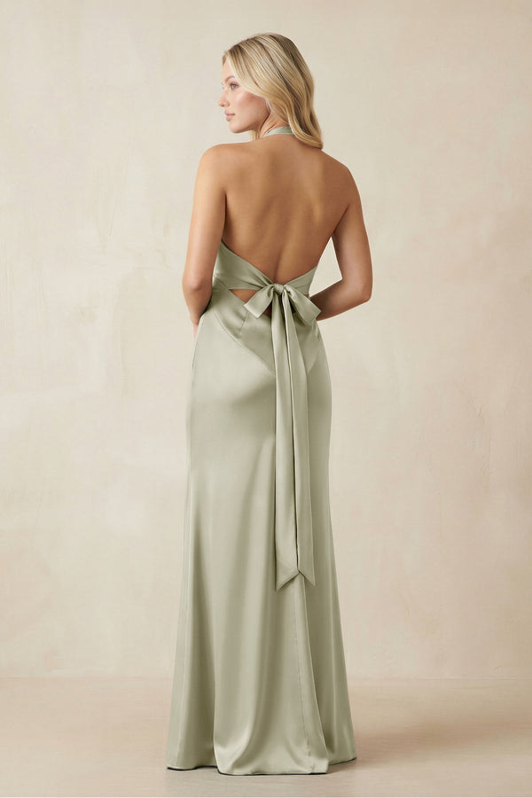 V - Neck Sheath Satin Bridesmaid Dress with Bow in Frost - KISS BRIDAL Bridesmaid Dresses