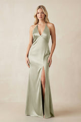 V - Neck Sheath Satin Bridesmaid Dress with Bow in Frost - KISS BRIDAL Bridesmaid Dresses