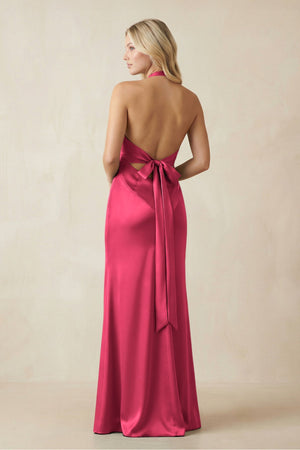 V - Neck Sheath Satin Bridesmaid Dress with Bow in Fuchsia - KISS BRIDAL Bridesmaid Dresses
