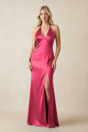 V - Neck Sheath Satin Bridesmaid Dress with Bow in Fuchsia - KISS BRIDAL Bridesmaid Dresses