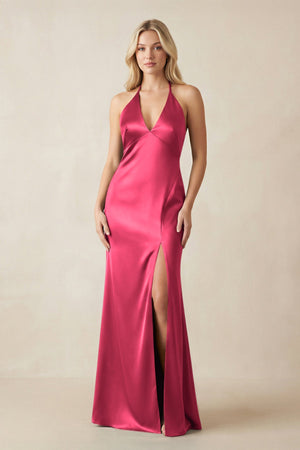 V - Neck Sheath Satin Bridesmaid Dress with Bow in Fuchsia - KISS BRIDAL Bridesmaid Dresses