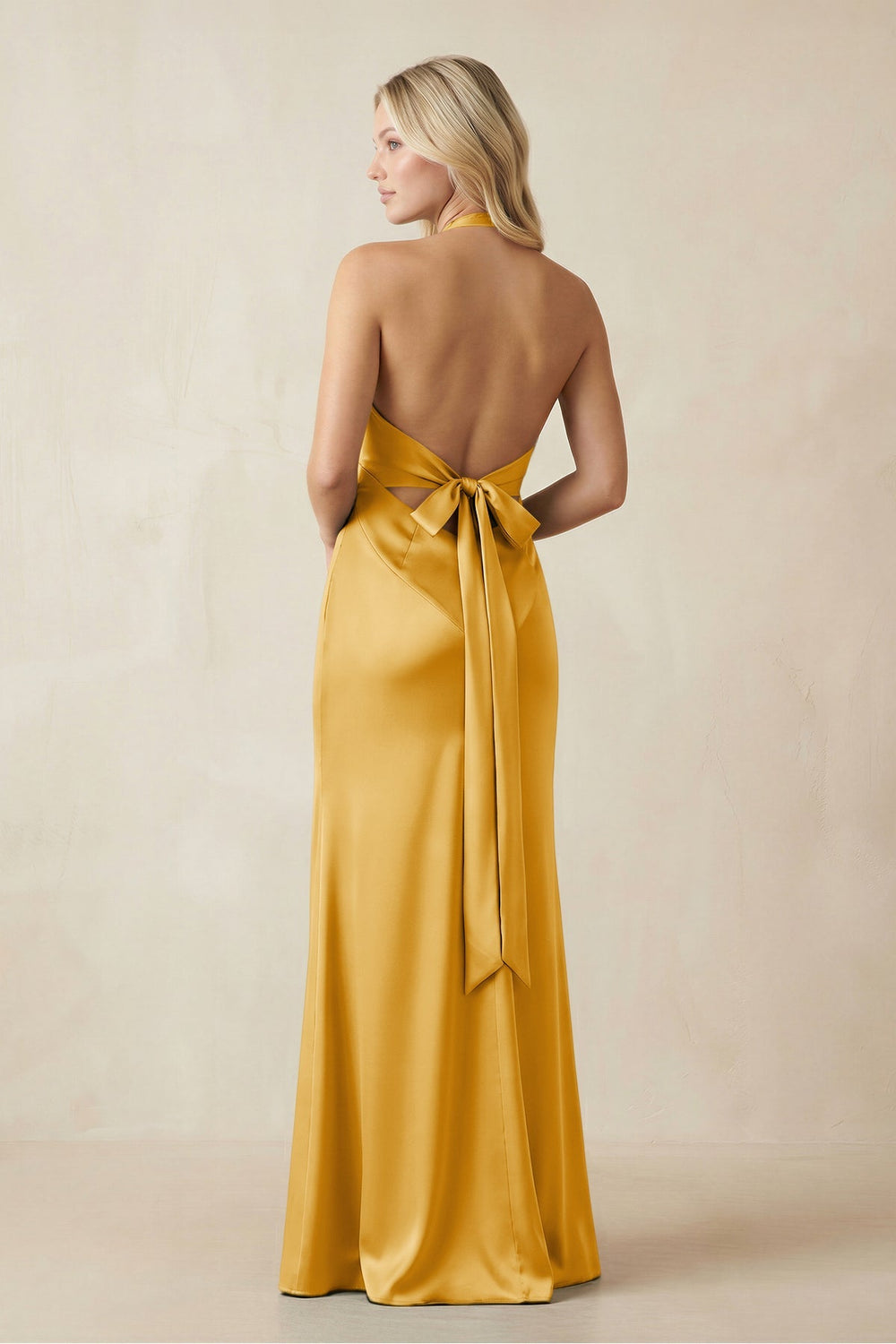 V - Neck Sheath Satin Bridesmaid Dress with Bow in Gold - KISS BRIDAL Bridesmaid Dresses
