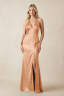 V - Neck Sheath Satin Bridesmaid Dress with Bow in Golden Champagne - KISS BRIDAL Bridesmaid Dresses
