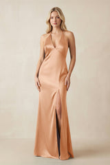 V - Neck Sheath Satin Bridesmaid Dress with Bow in Golden Champagne - KISS BRIDAL Bridesmaid Dresses