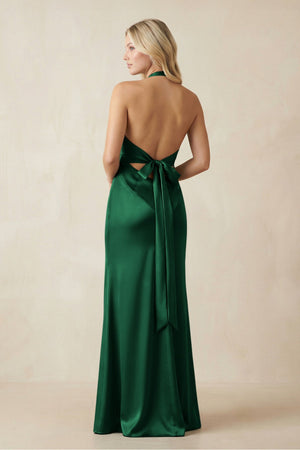 V - Neck Sheath Satin Bridesmaid Dress with Bow in Green - KISS BRIDAL Bridesmaid Dresses