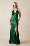 V - Neck Sheath Satin Bridesmaid Dress with Bow in Green - KISS BRIDAL Bridesmaid Dresses